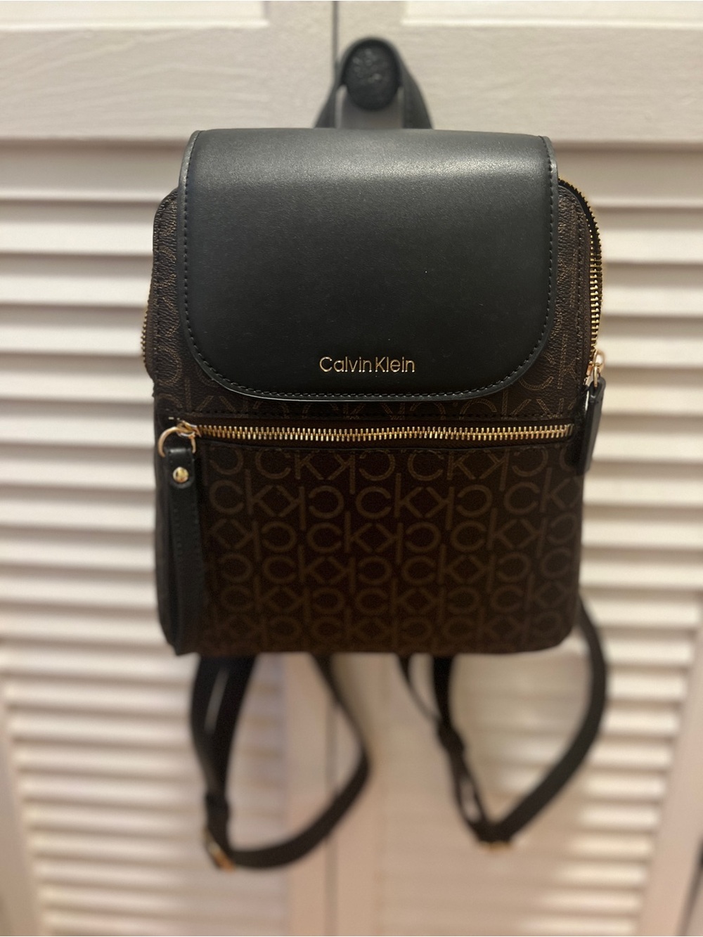 Calvin Klein Brown Monogram Mini Backpack with Black Flap